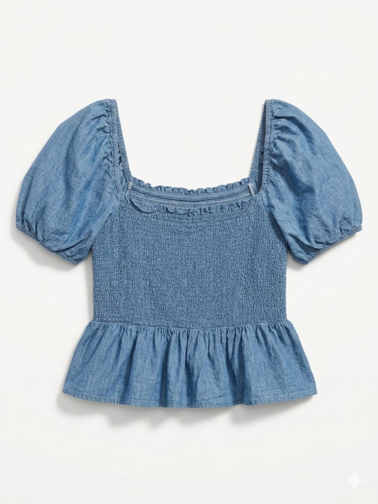 J. Crew Chambray Smocked Square Neck Peplum Puff Sleeve Top Cotton Blue Xl